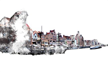 Polonya 'daki Gdansk şehrinin mimarisinin güzel bir görüntüsünün suluboya çizimi veya çizimi