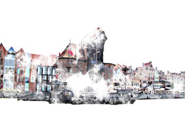 Polonya 'daki Gdansk şehrinin mimarisinin güzel bir görüntüsünün suluboya çizimi veya çizimi