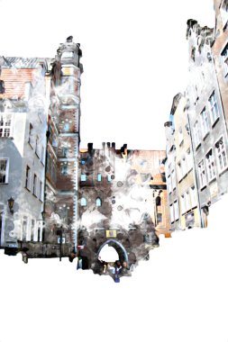 Polonya 'daki Gdansk şehrinin mimarisinin güzel bir görüntüsünün suluboya çizimi veya çizimi