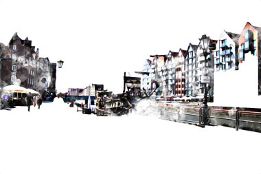 Polonya 'daki Gdansk şehrinin mimarisinin güzel bir görüntüsünün suluboya çizimi veya çizimi