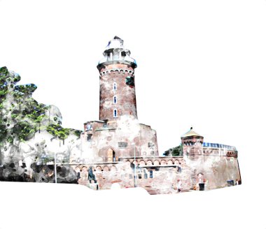 El çizimi suluboya deniz feneri illüstrasyon sanat klasiği çizimi