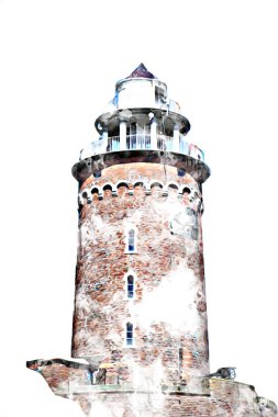 El çizimi suluboya deniz feneri illüstrasyon sanat klasiği çizimi