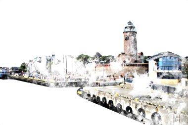 El çizimi suluboya deniz feneri illüstrasyon sanat klasiği çizimi