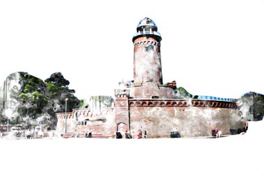 El çizimi suluboya deniz feneri illüstrasyon sanat klasiği çizimi