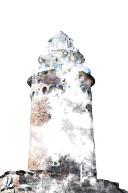 El çizimi suluboya deniz feneri illüstrasyon sanat klasiği çizimi