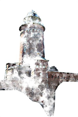 El çizimi suluboya deniz feneri illüstrasyon sanat klasiği çizimi