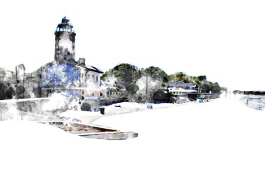 El çizimi suluboya deniz feneri illüstrasyon sanat klasiği çizimi