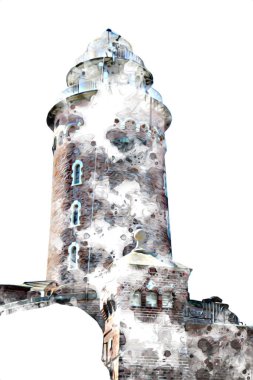 El çizimi suluboya deniz feneri illüstrasyon sanat klasiği çizimi