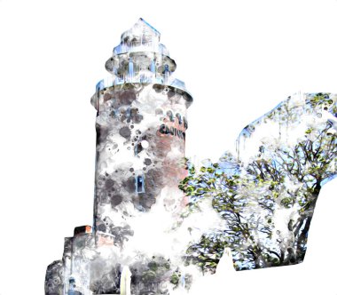 El çizimi suluboya deniz feneri illüstrasyon sanat klasiği çizimi