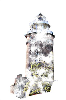 El çizimi suluboya deniz feneri illüstrasyon sanat klasiği çizimi