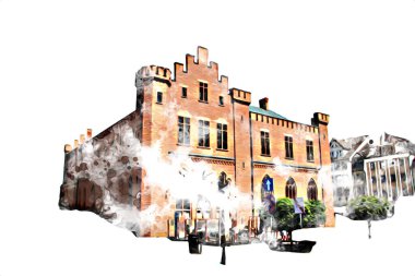 Kolobrzeg eski şehir, belediye binası, poland resim çizimi