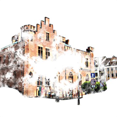 Kolobrzeg eski şehir, belediye binası, poland resim çizimi