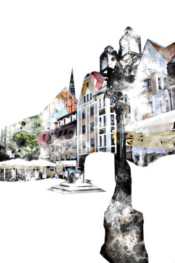 Kolobrzeg eski şehir, belediye binası, poland resim çizimi