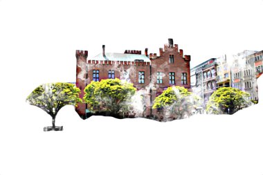 Kolobrzeg eski şehir, belediye binası, poland resim çizimi