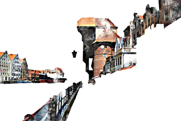 Polonya 'daki Gdansk şehrinin mimarisinin güzel bir görüntüsünün suluboya çizimi veya çizimi