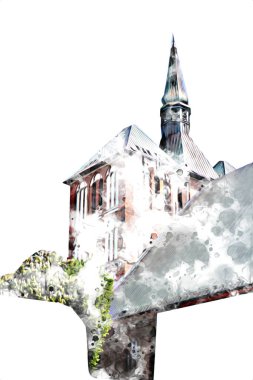 Kolobrzeg eski şehir, belediye binası, poland resim çizimi