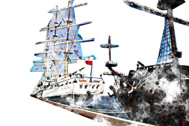 Antika tekne deniz motifi el yapımı sanat eseri çizimi