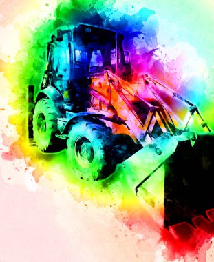 Kazı makinesi traktör çizimi rengi izole edilmiş antika sanat eserleri