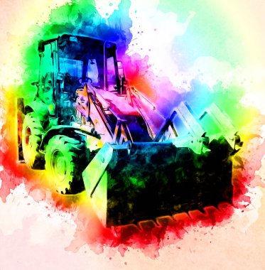 Kazı makinesi traktör çizimi rengi izole edilmiş antika sanat eserleri