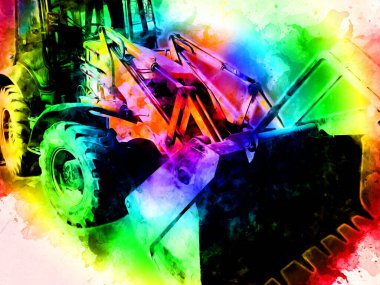 Kazı makinesi traktör çizimi rengi izole edilmiş antika sanat eserleri