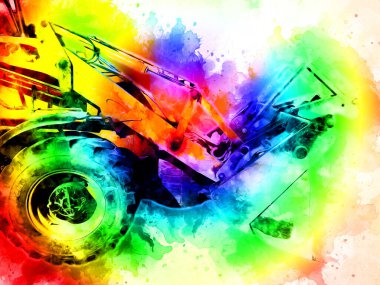 Kazı makinesi traktör çizimi rengi izole edilmiş antika sanat eserleri