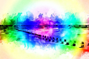 Beyaz kumlu güzel bir sahil, yaz tatili sanat çizimleri için doğal arka plan.