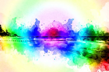 Beyaz kumlu güzel bir sahil, yaz tatili sanat çizimleri için doğal arka plan.