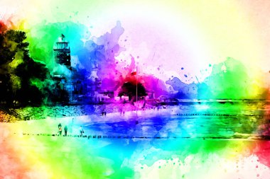 Beyaz kumlu güzel bir sahil, yaz tatili sanat çizimleri için doğal arka plan.