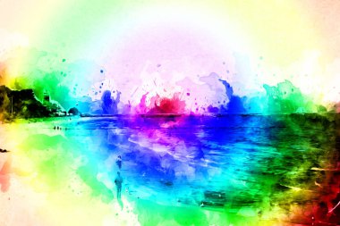 Beyaz kumlu güzel bir sahil, yaz tatili sanat çizimleri için doğal arka plan.