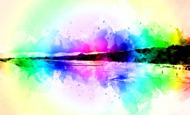 Beyaz kumlu güzel bir sahil, yaz tatili sanat çizimleri için doğal arka plan.