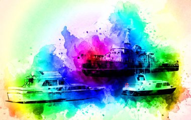 Yelkenli tekneler marina sanat illüstrasyonuna yerleştirildi.