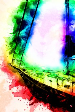 Yelkenli tekneler marina sanat illüstrasyonuna yerleştirildi.