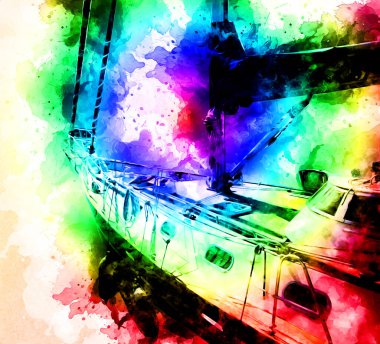 Yelkenli tekneler marina sanat illüstrasyonuna yerleştirildi.