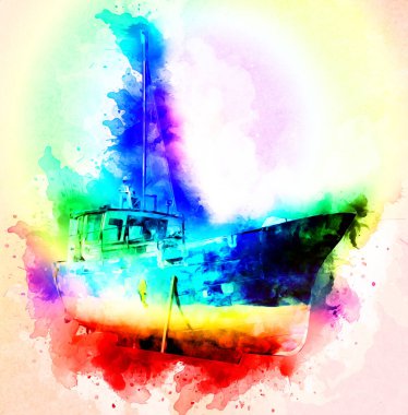 Yelkenli tekneler marina sanat illüstrasyonuna yerleştirildi.