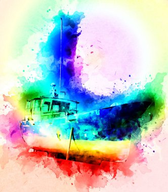 Yelkenli tekneler marina sanat illüstrasyonuna yerleştirildi.