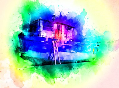 Yelkenli tekneler marina sanat illüstrasyonuna yerleştirildi.