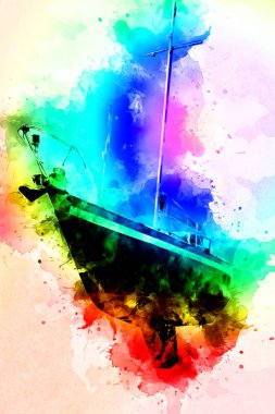 Yelkenli tekneler marina sanat illüstrasyonuna yerleştirildi.