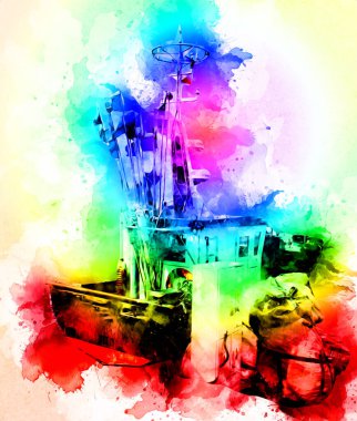 Yelkenli tekneler marina sanat illüstrasyonuna yerleştirildi.