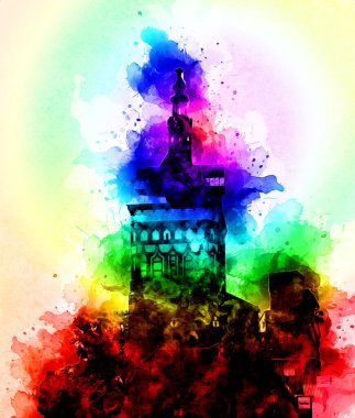 Polonya 'daki Gdansk şehrinin mimarisinin güzel bir görüntüsünün suluboya çizimi veya çizimi