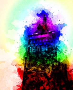 Polonya 'daki Gdansk şehrinin mimarisinin güzel bir görüntüsünün suluboya çizimi veya çizimi