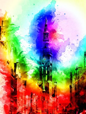 Polonya 'daki Gdansk şehrinin mimarisinin güzel bir görüntüsünün suluboya çizimi veya çizimi