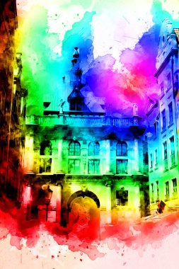 Polonya 'daki Gdansk şehrinin mimarisinin güzel bir görüntüsünün suluboya çizimi veya çizimi