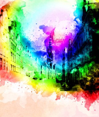 Polonya 'daki Gdansk şehrinin mimarisinin güzel bir görüntüsünün suluboya çizimi veya çizimi