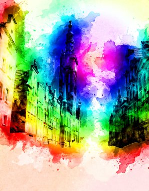 Polonya 'daki Gdansk şehrinin mimarisinin güzel bir görüntüsünün suluboya çizimi veya çizimi