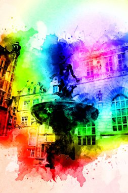 Polonya 'daki Gdansk şehrinin mimarisinin güzel bir görüntüsünün suluboya çizimi veya çizimi