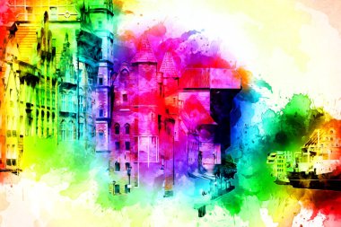 Polonya 'daki Gdansk şehrinin mimarisinin güzel bir görüntüsünün suluboya çizimi veya çizimi