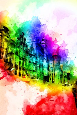 Polonya 'daki Gdansk şehrinin mimarisinin güzel bir görüntüsünün suluboya çizimi veya çizimi