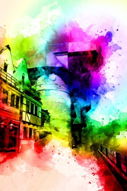 Polonya 'daki Gdansk şehrinin mimarisinin güzel bir görüntüsünün suluboya çizimi veya çizimi