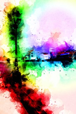 Polonya 'daki Gdansk şehrinin mimarisinin güzel bir görüntüsünün suluboya çizimi veya çizimi