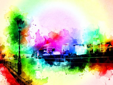 Polonya 'daki Gdansk şehrinin mimarisinin güzel bir görüntüsünün suluboya çizimi veya çizimi